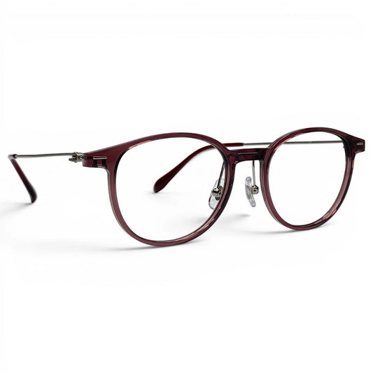 Hyung 1602 round prescription eyeglasses, front view of ultem front with titanium temples