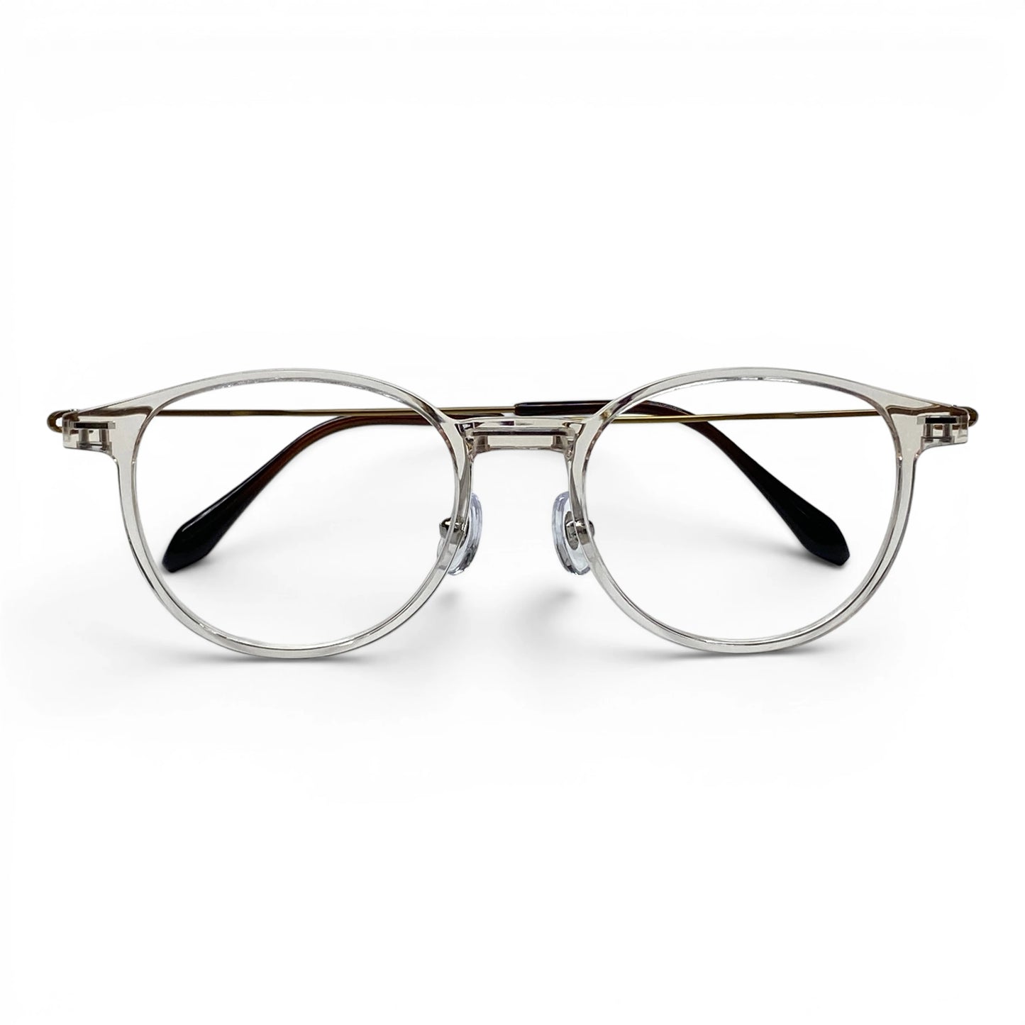 Obba 1602 round titanium ultem prescription eyeglasses in clear, folded front view