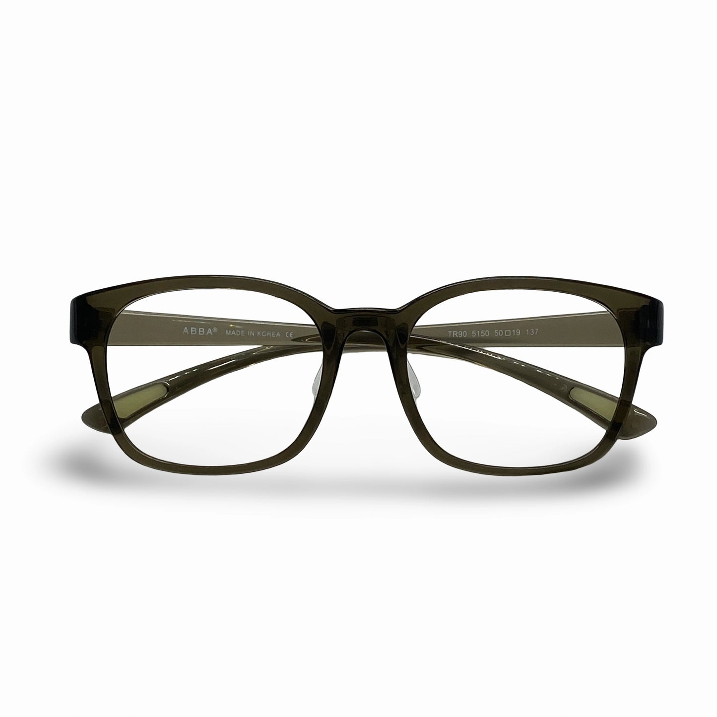 Front view of olive green square eyeglass frames on white background