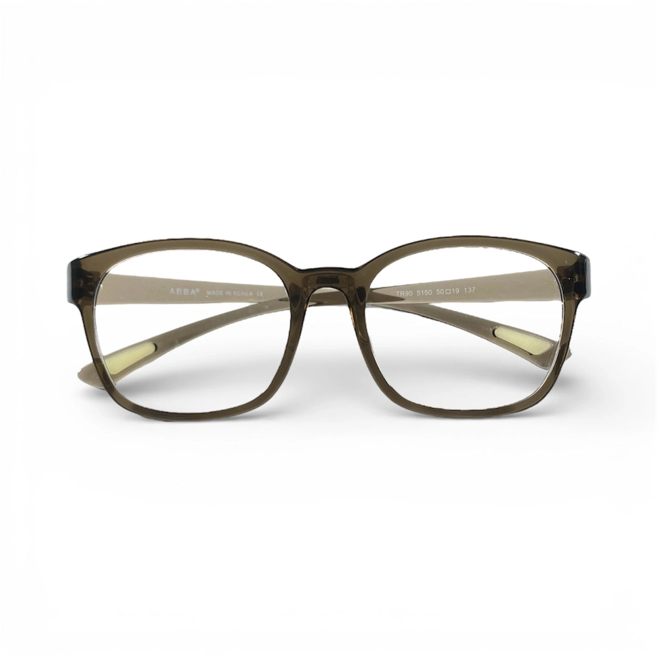 Front view of olive green square eyeglass frames on white background