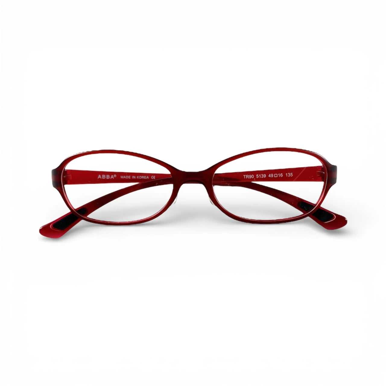 Red oval eyeglasses with sporty frame design on white background
