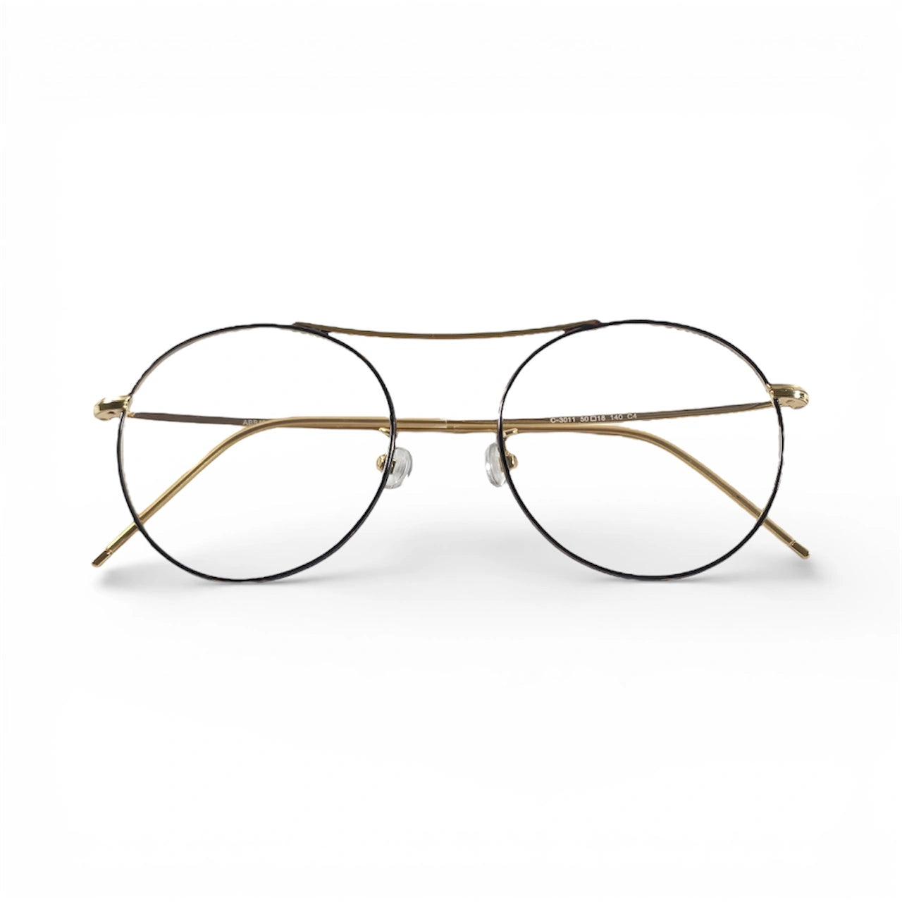 Gold round eyeglasses with metal frames and clear lenses on white background