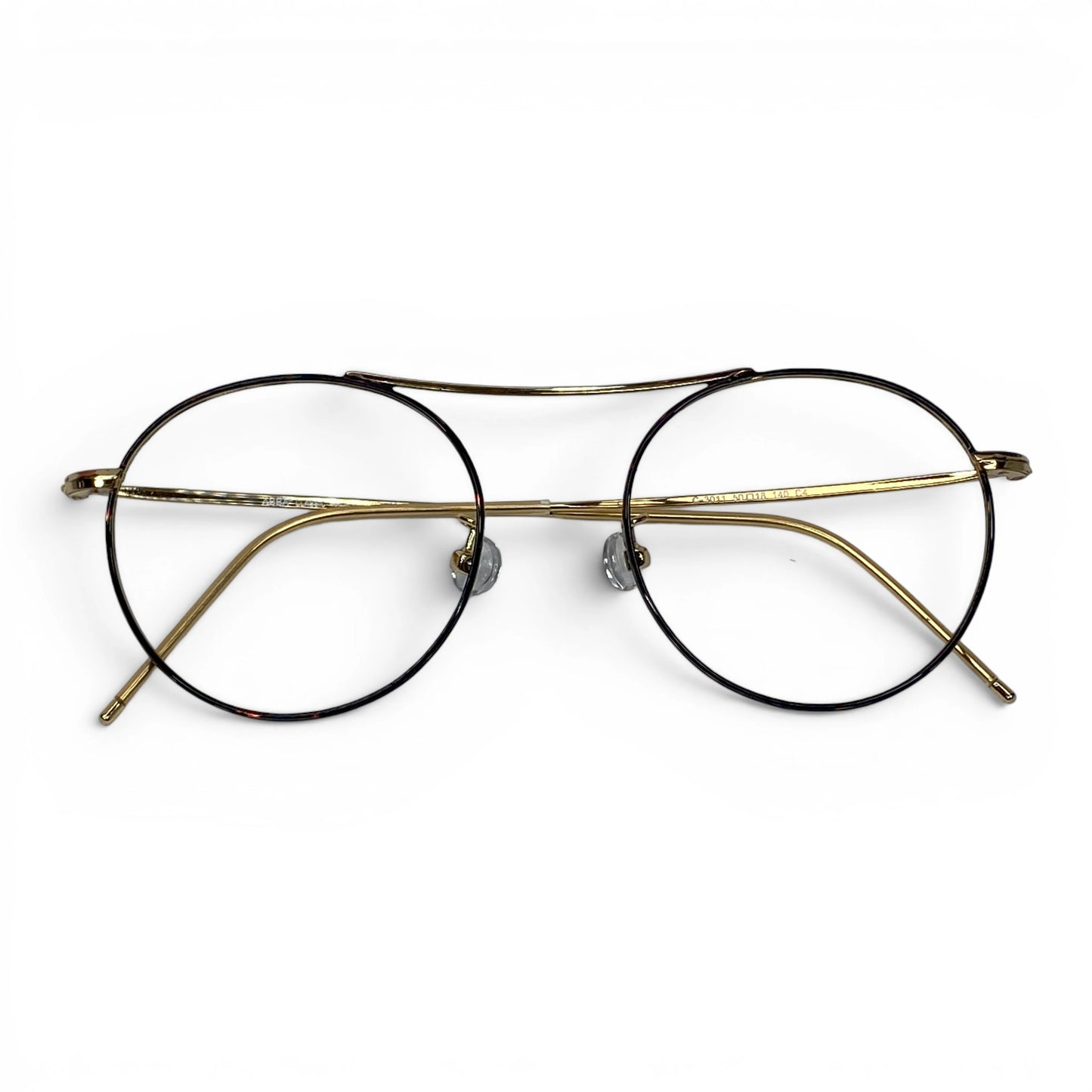Gold round eyeglasses with metal frames and clear lenses on white background