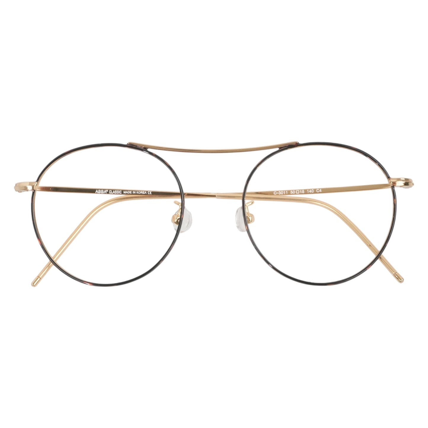 Gold round eyeglasses with metal frames and clear lenses on white background