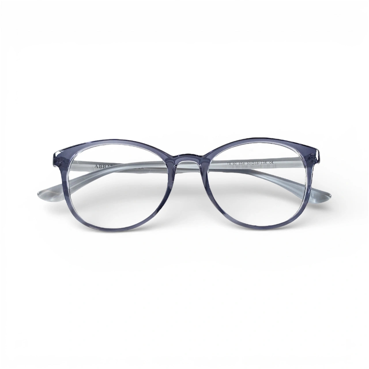 Round navy transparent eyeglasses on white background