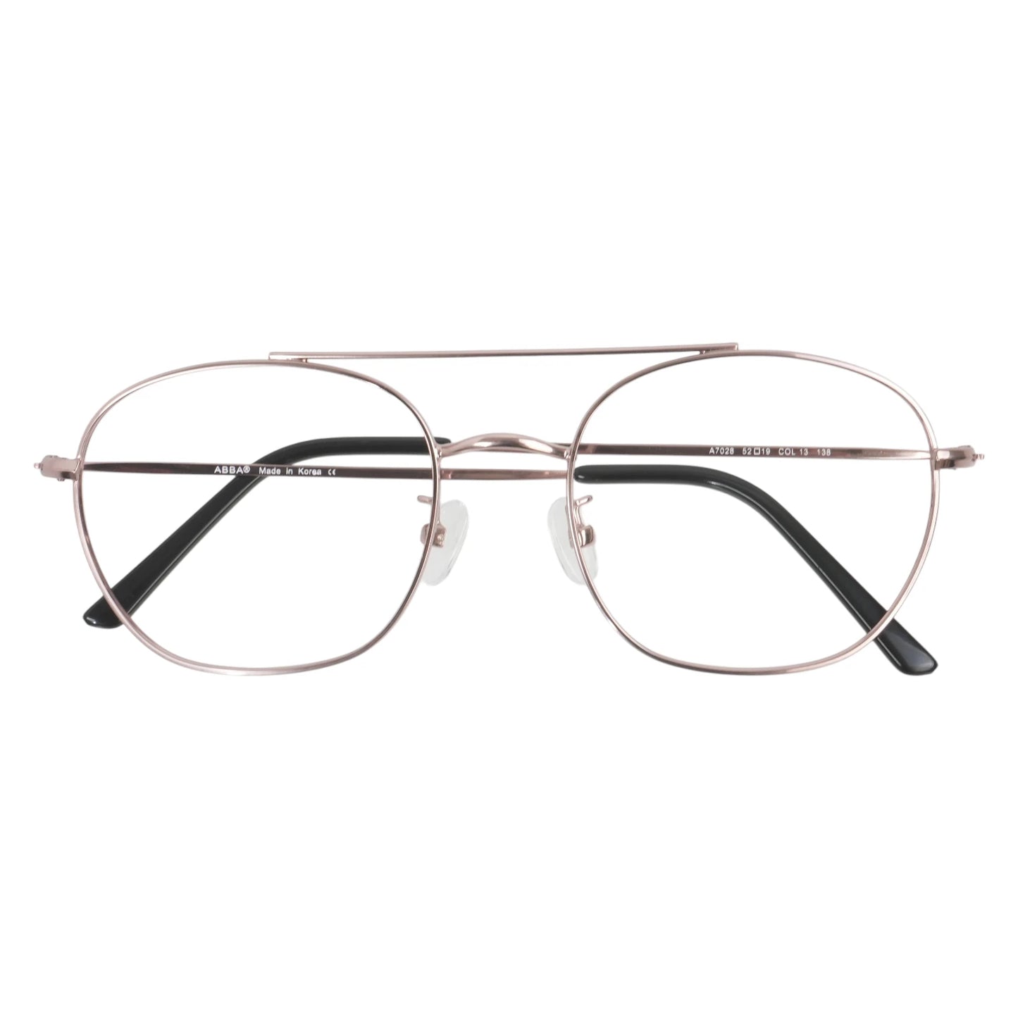 Rose gold pilot eyeglasses with thin metal frame and clear lenses on white background