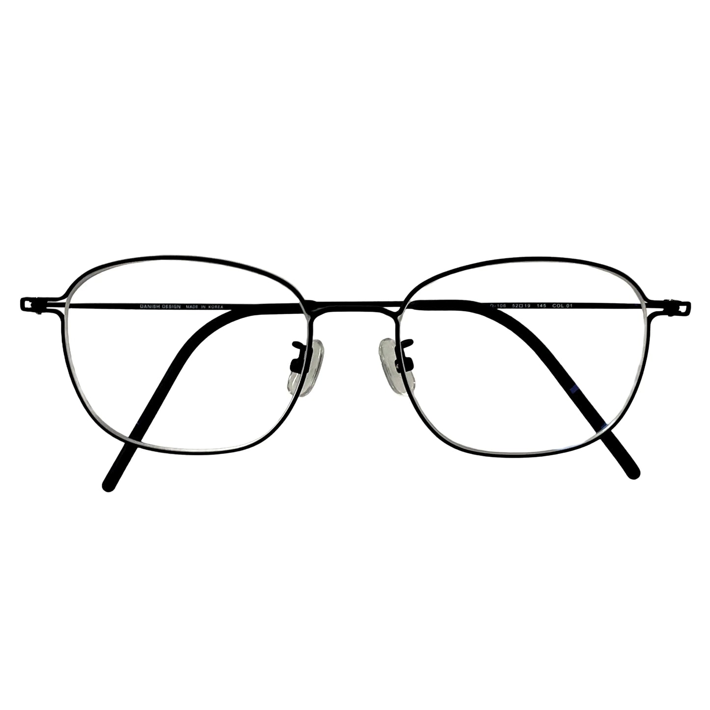 Titanium eyeglasses with thin black frame and clear lenses on white background