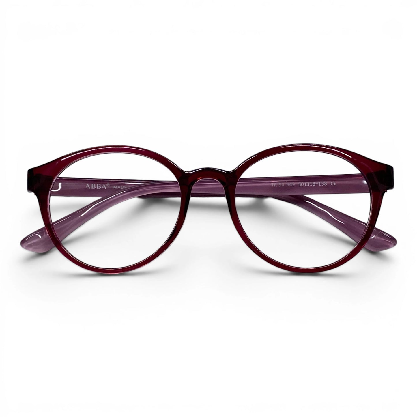 Round burgundy eyeglasses with clear lenses on a white background