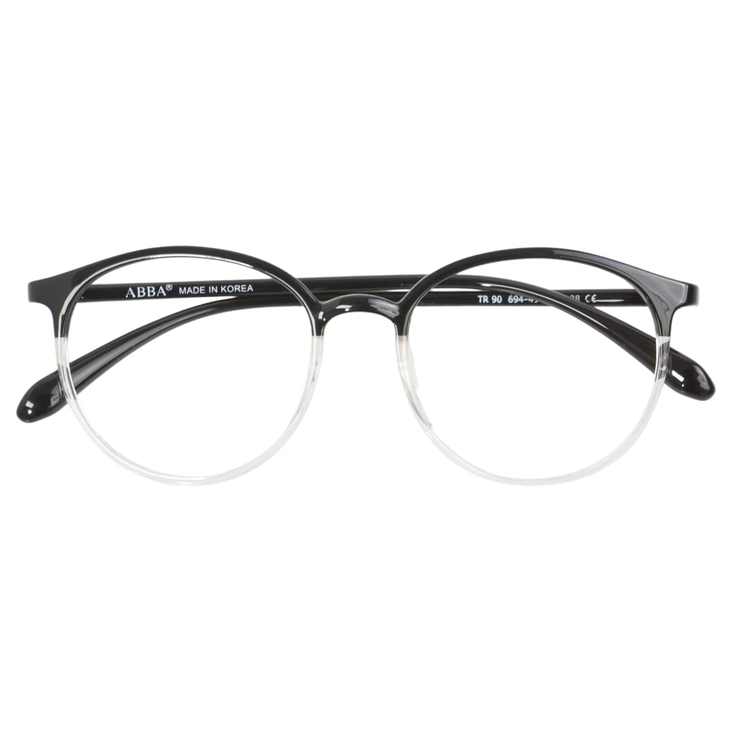 Round black clear plastic eyeglasses with transparent lower rims on white background