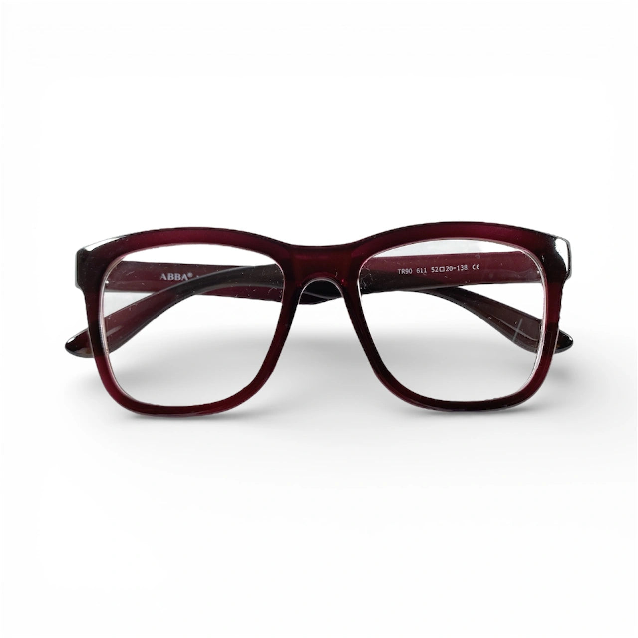 Maroon horn rimmed eyeglasses front view on white background
