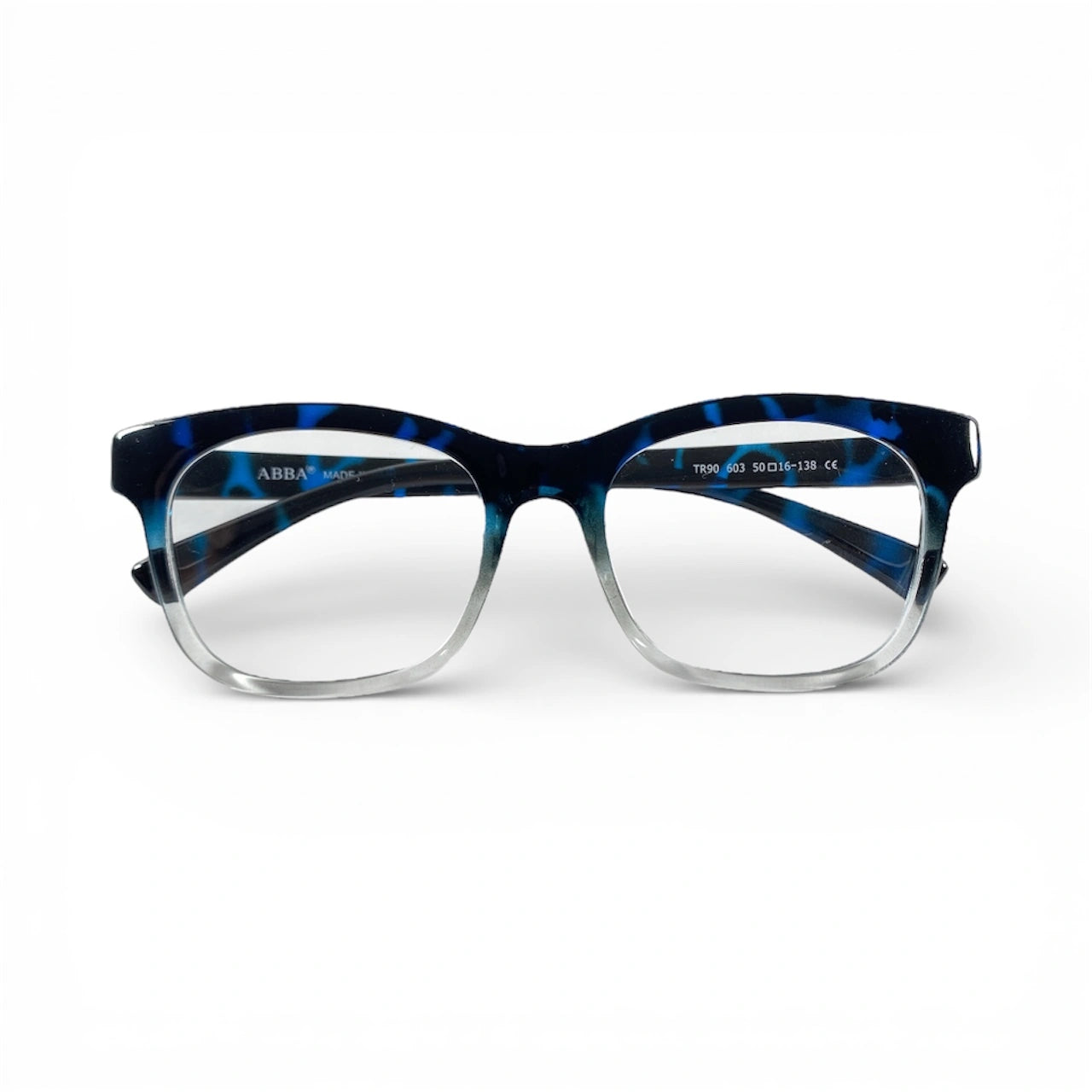 Blue marble pattern eyeglasses with transparent bottom frame on white background