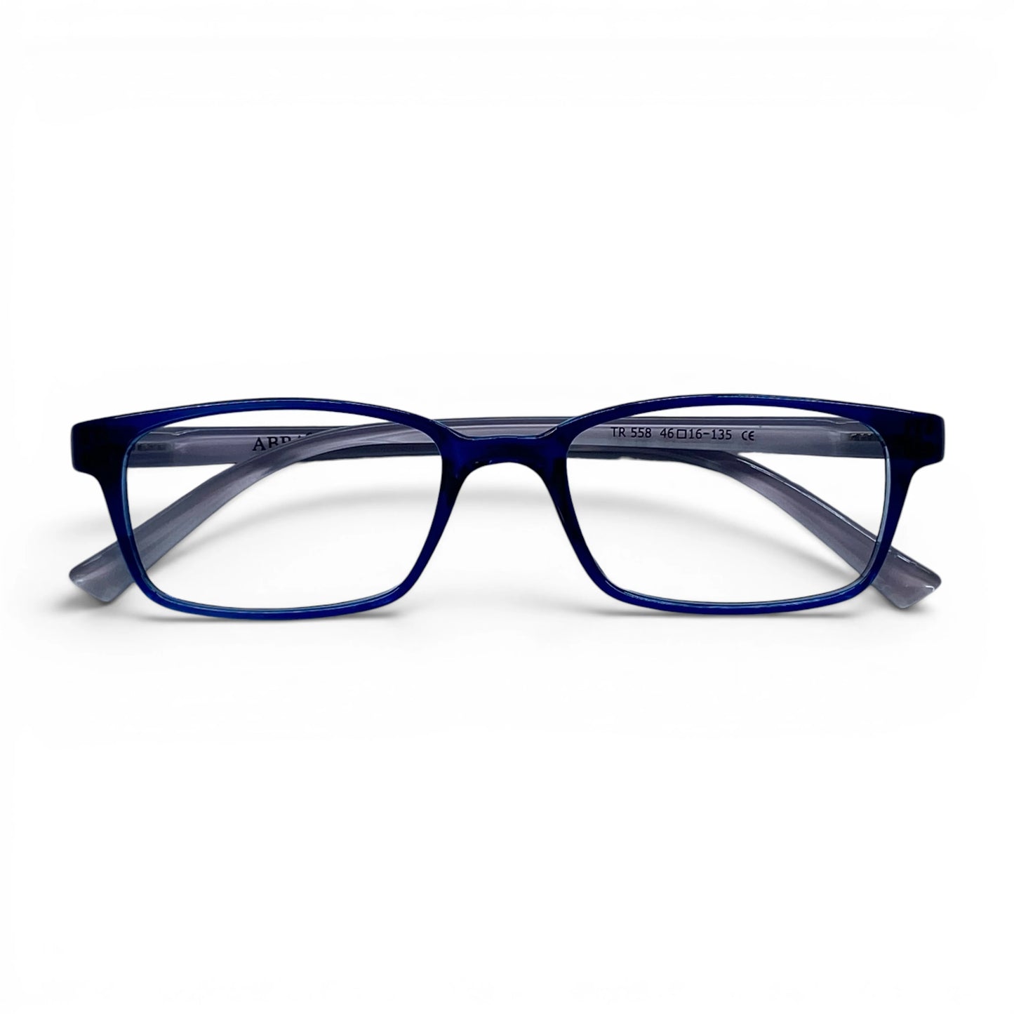 Blue rectangular kids eyeglasses with clear lenses on white background