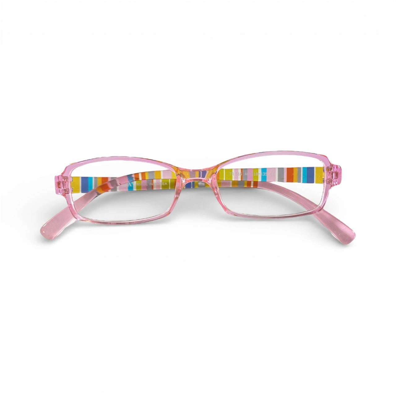 Pink kids eyeglasses with colorful striped arms on white background