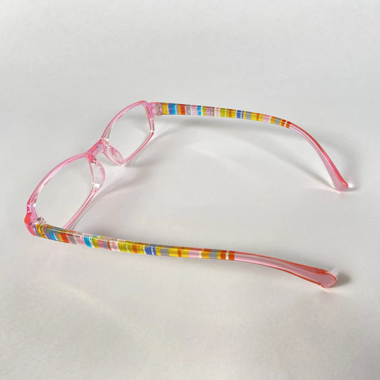 Pink kids' glasses with colorful saekdong striped arms on white background