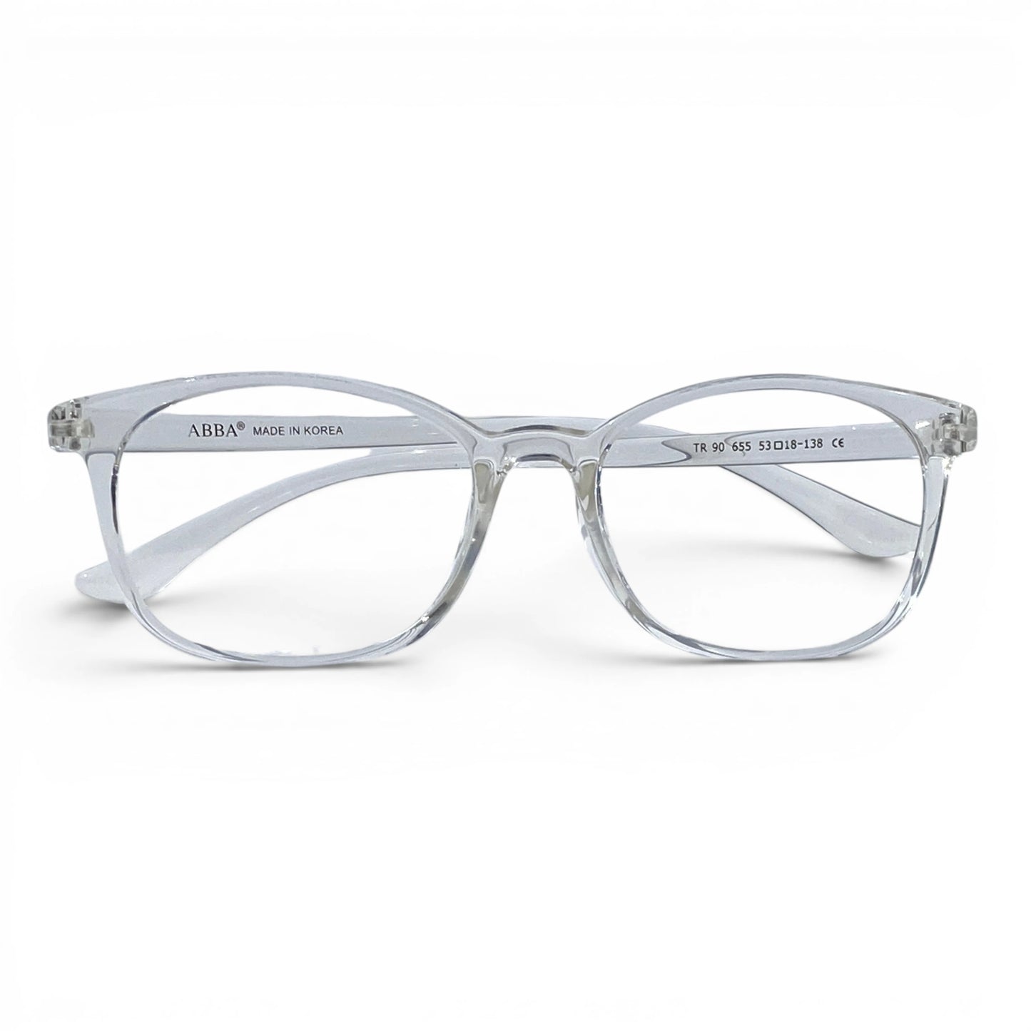 Clear Vion eyeglasses with transparent frame on white background, sporty style detail