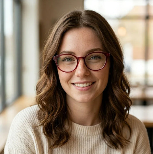 Woman styling Hanni 649 oval glasses in a café - everyday women's eyewear look by VionGlasses