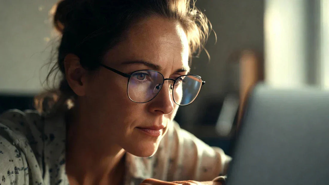 Blue light blocking prescription glasses reducing eye strain for office worker using laptop screen.