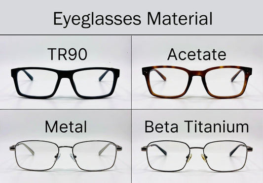 Different eyeglass frame materials compared: TR90 vs Acetate vs Metal vs Beta Titanium - visual guide to compare glasses materials