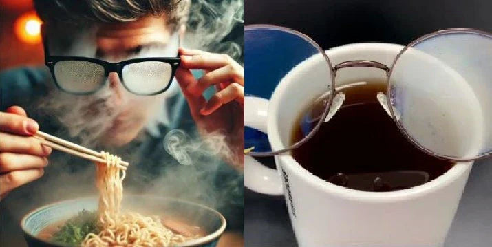 Eyeglasses fogging up caused by steam from hot ramen and coffee