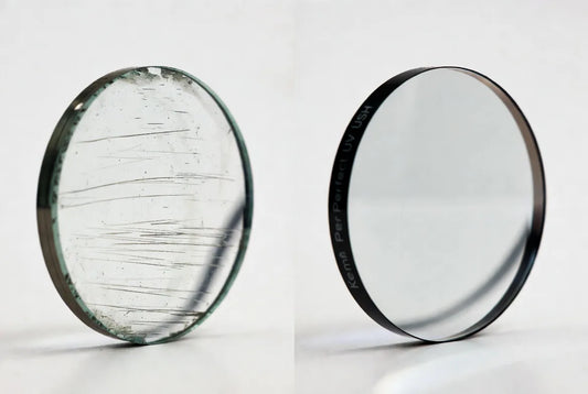Standard lens covered in scratches next to a crystal-clear VionGlasses lens with 6–8x scratch-resistant hard coating