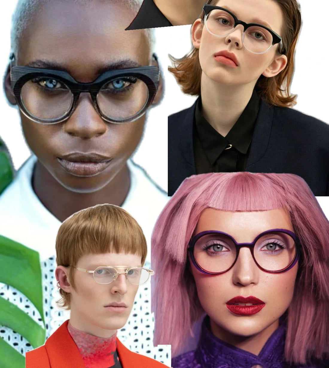 Fashionable men and women wearing stylish prescription glasses including round and browline frames.