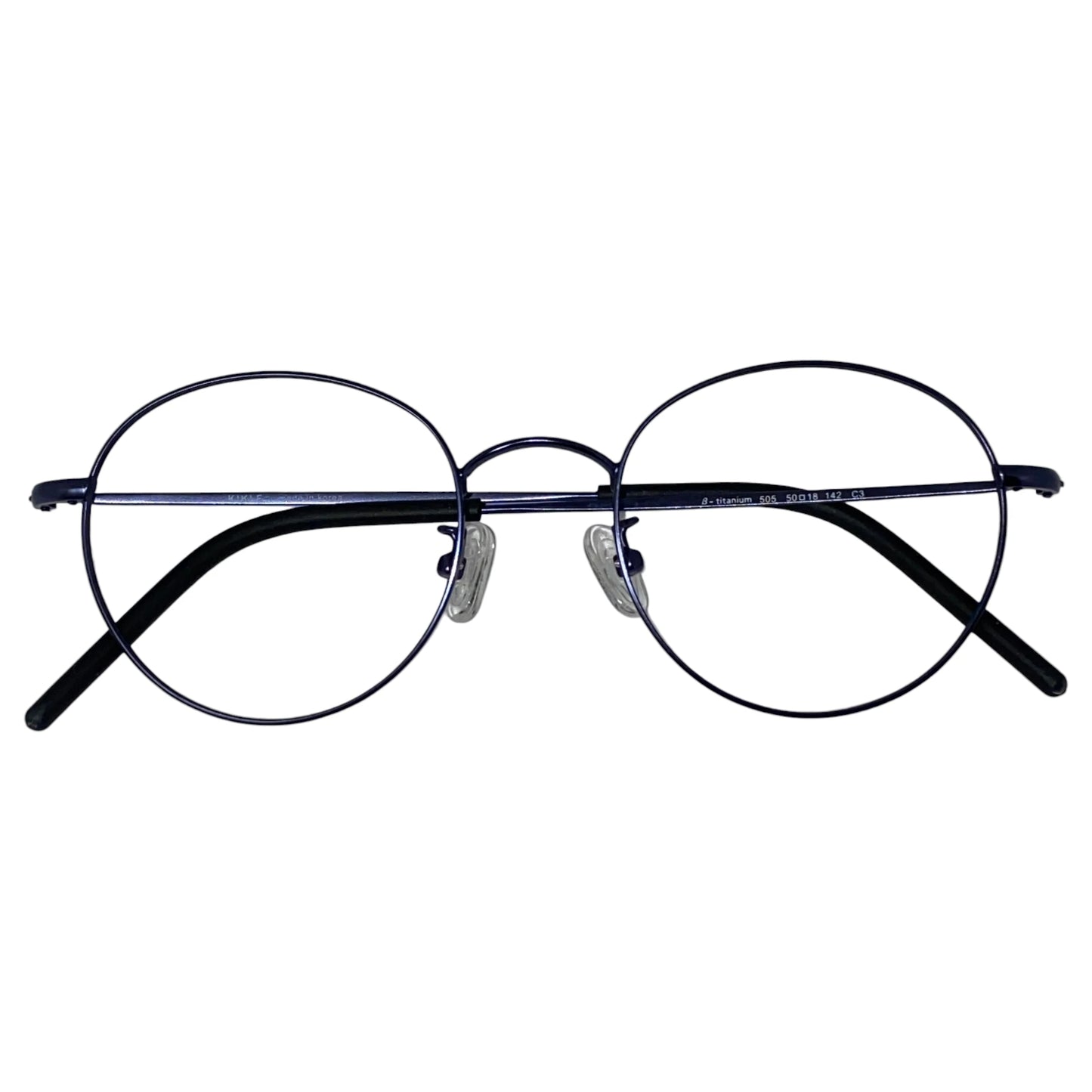 Bada 505 round beta titanium prescription glasses in matte blue, folded view of slim frame