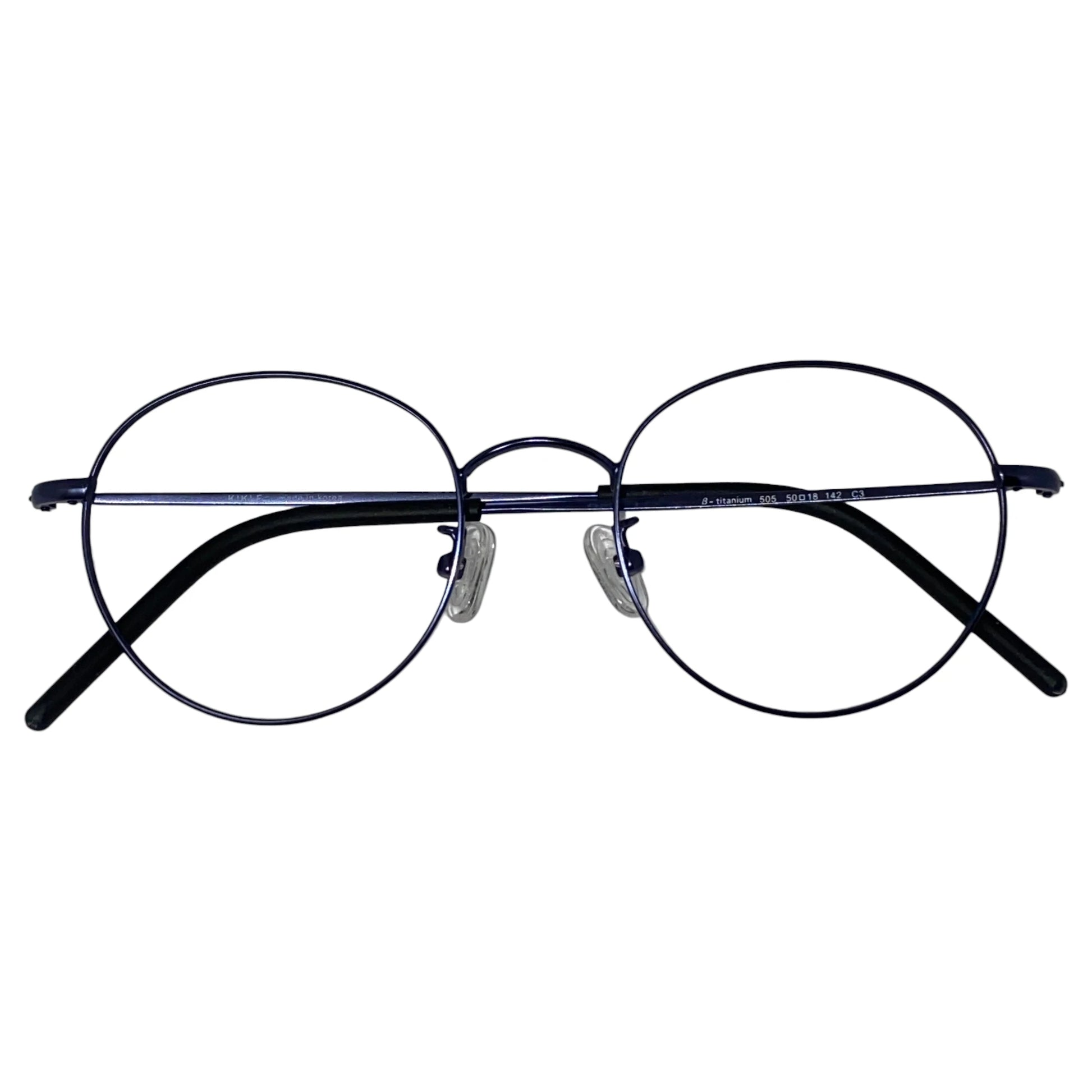 Bada 505 round beta titanium prescription glasses in matte blue, folded view of slim frame