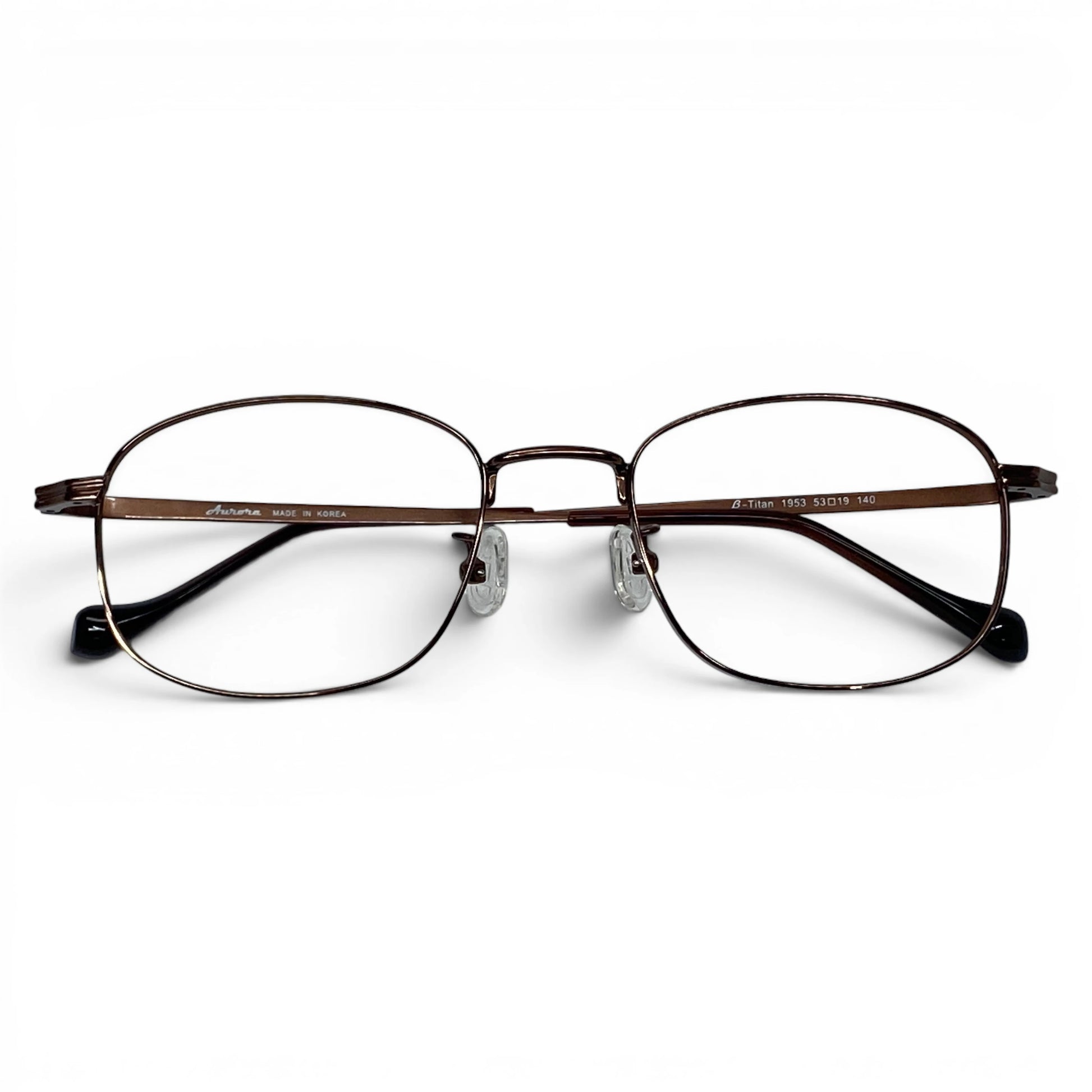 Bora 1953 square titanium prescription eyeglasses in bronze color, folded front view