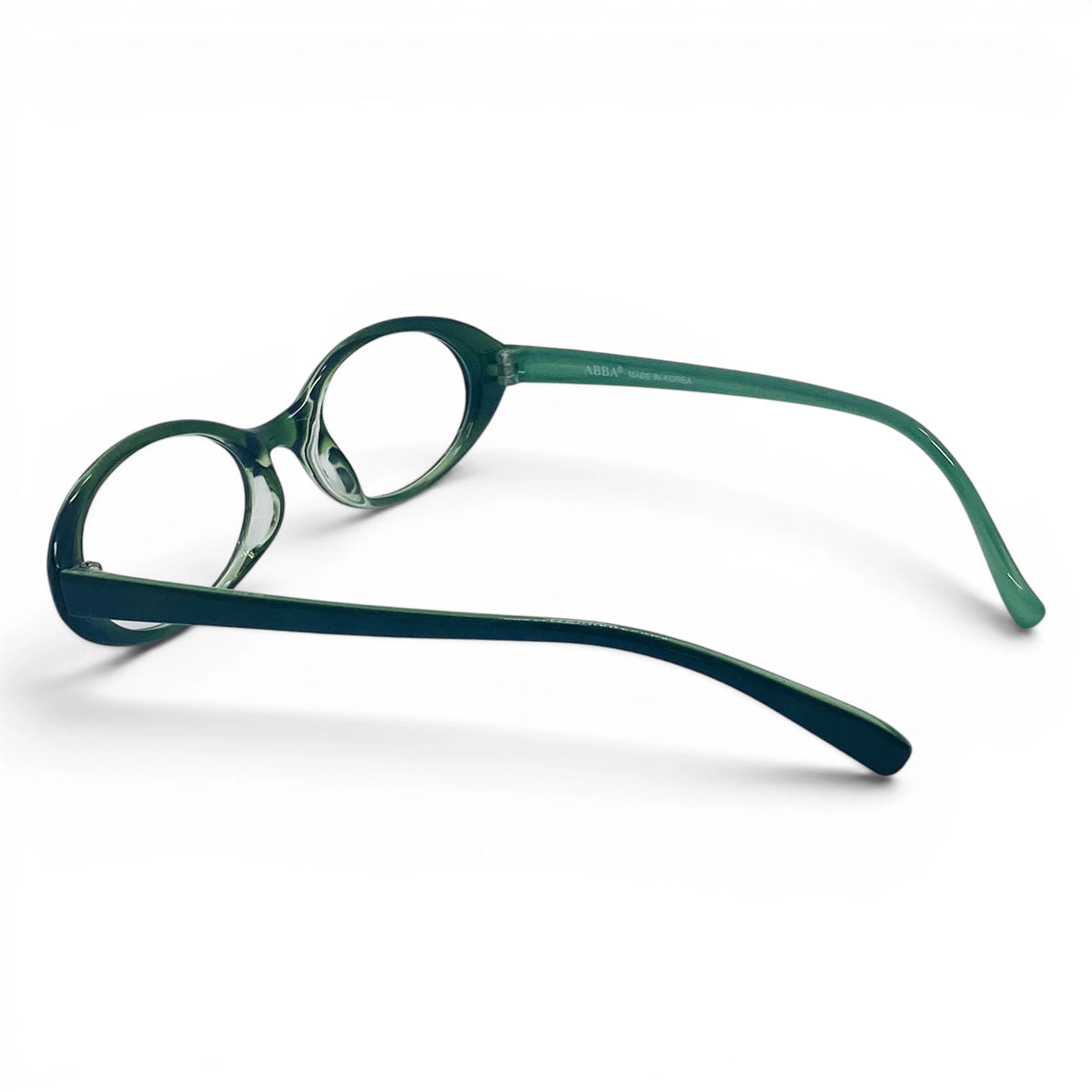 Dooly 560 oval TR90 plastic glasses, back view of lighter green inner temples