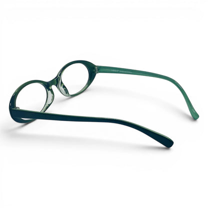 Dooly 560 oval TR90 plastic glasses, back view of lighter green inner temples