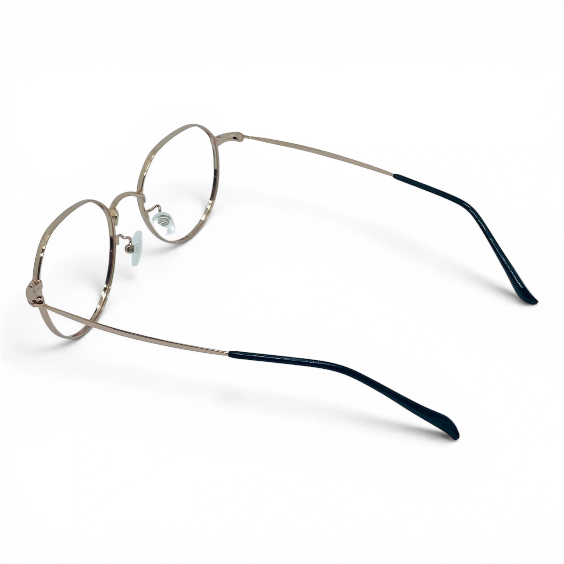 Gold titanium panto glasses with beta titanium frame, side view