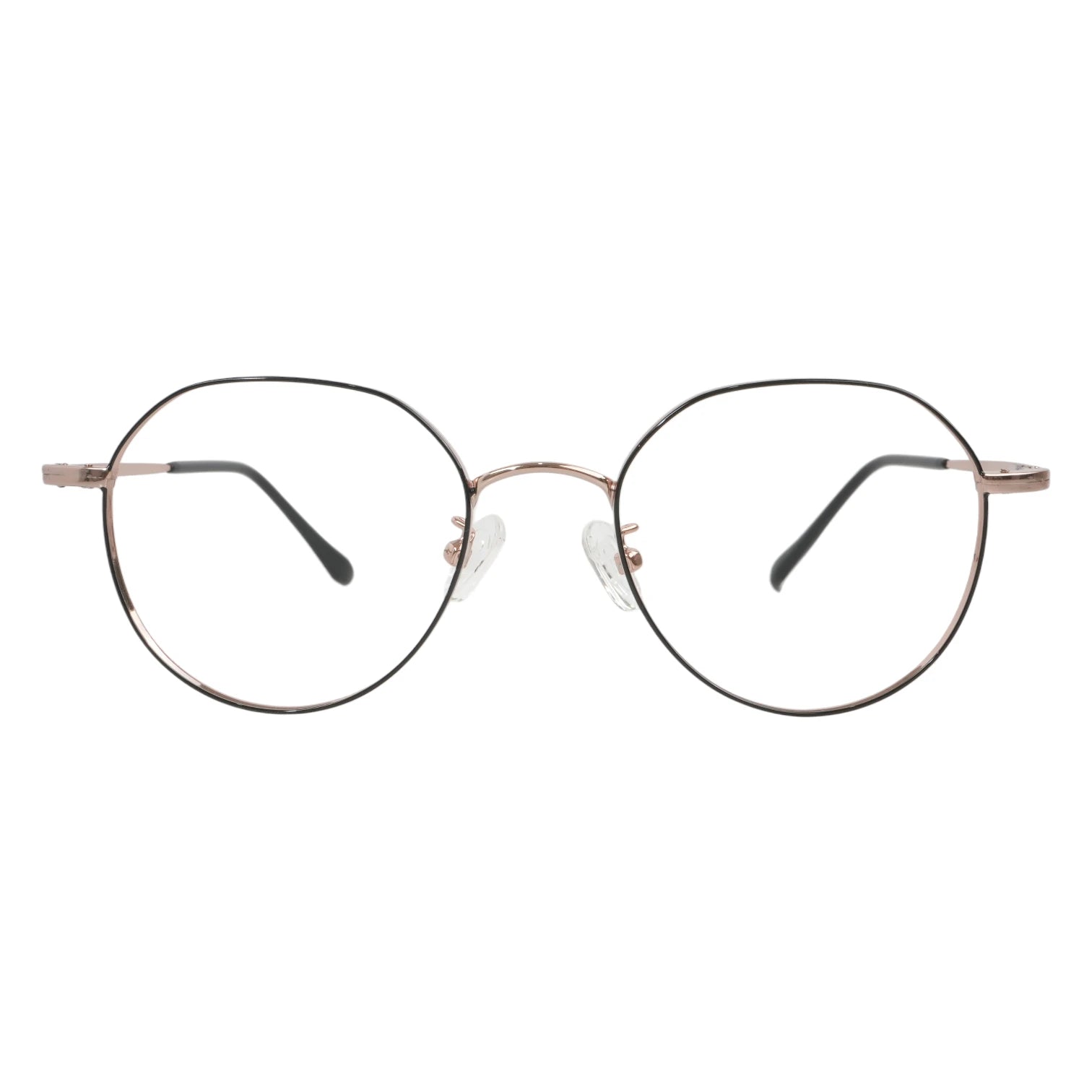 Gangnam 103 gold titanium round panto prescription eyeglasses with black lens rims, front view