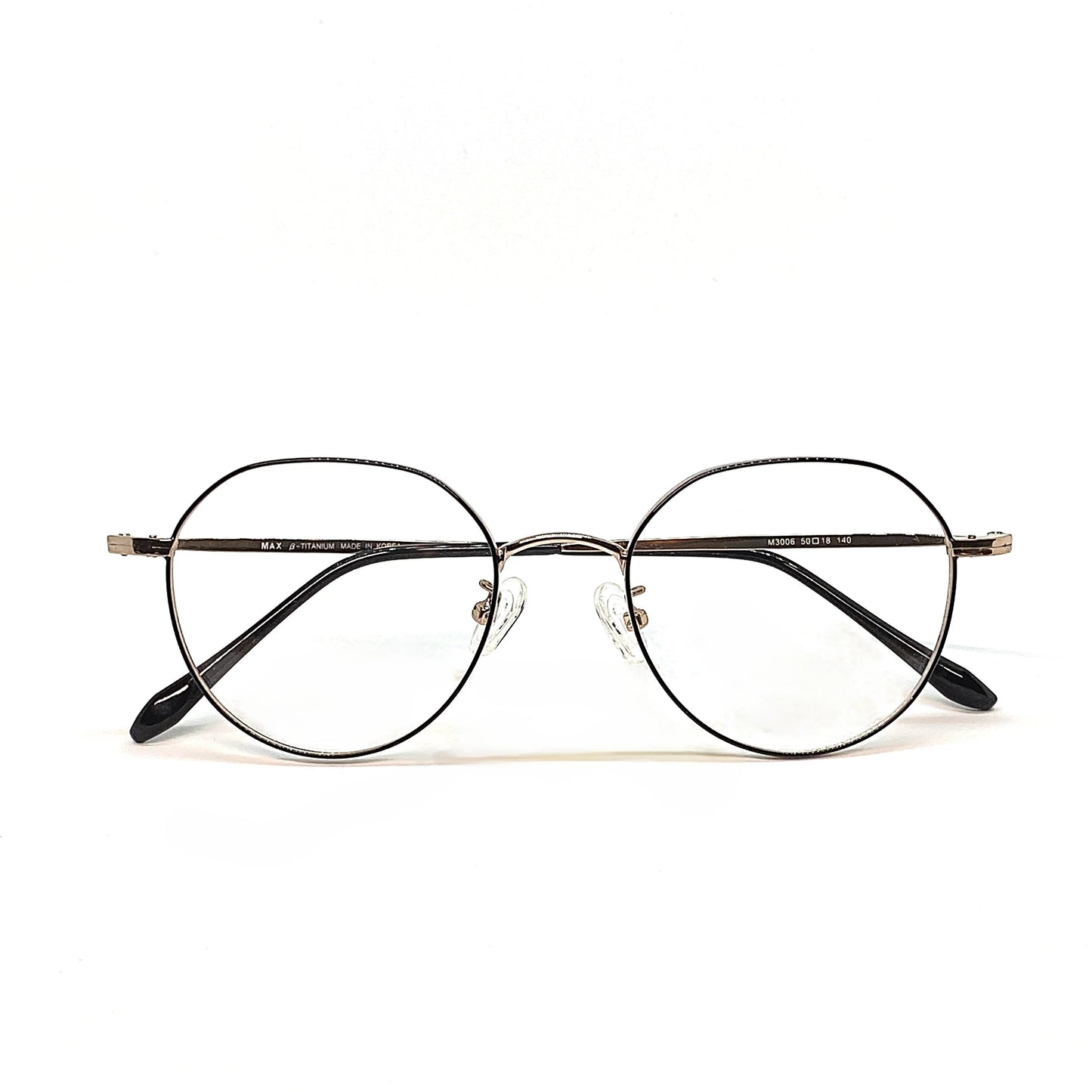 Gold titanium panto glasses with beta titanium frame, detail view