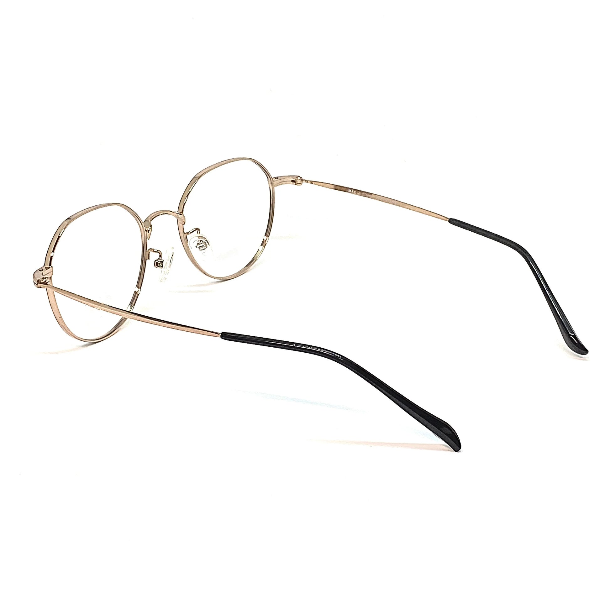 Gold titanium panto glasses with beta titanium frame, side view