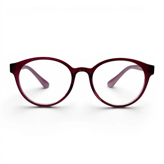 Hanni 649 round TR90 plastic prescription eyeglasses in burgundy, front view