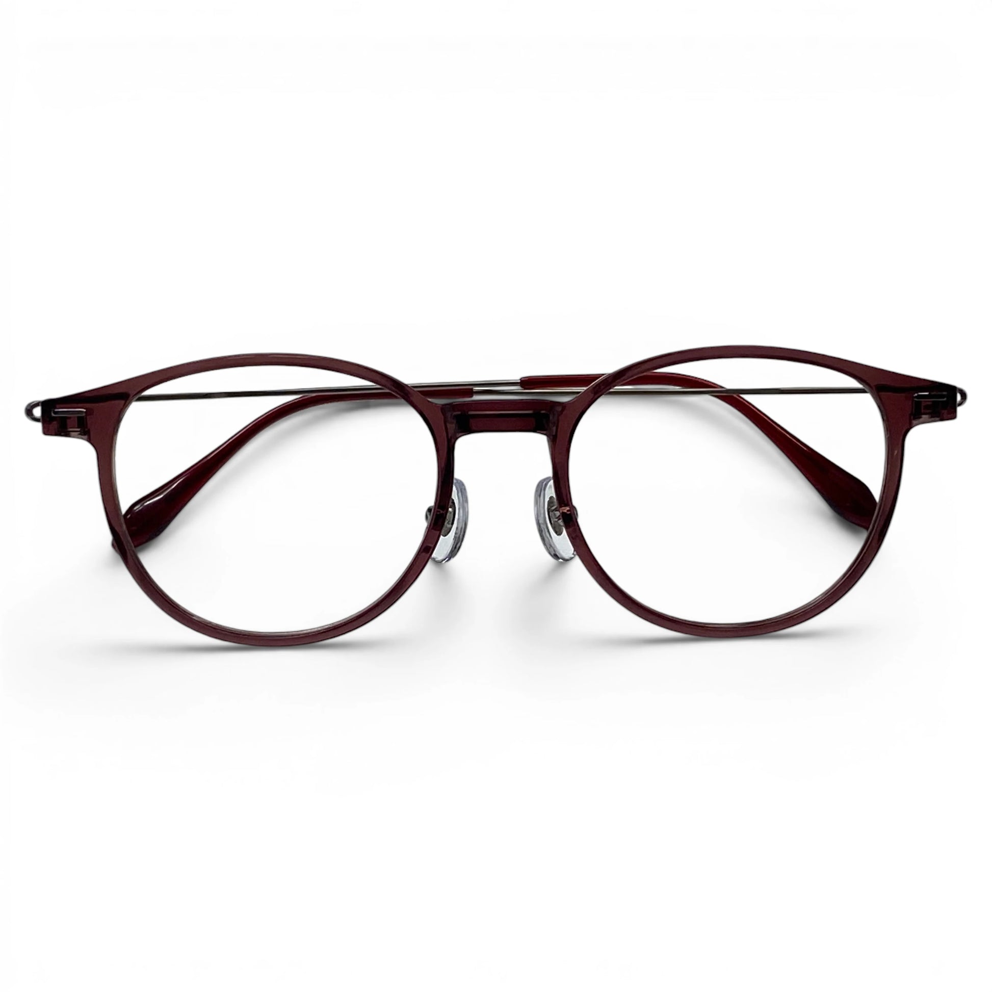 Hyung 1602 round titanium ultem prescription eyeglasses in brown, folded front view