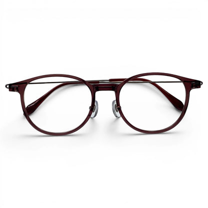 Hyung 1602 round titanium ultem prescription eyeglasses in brown, folded front view
