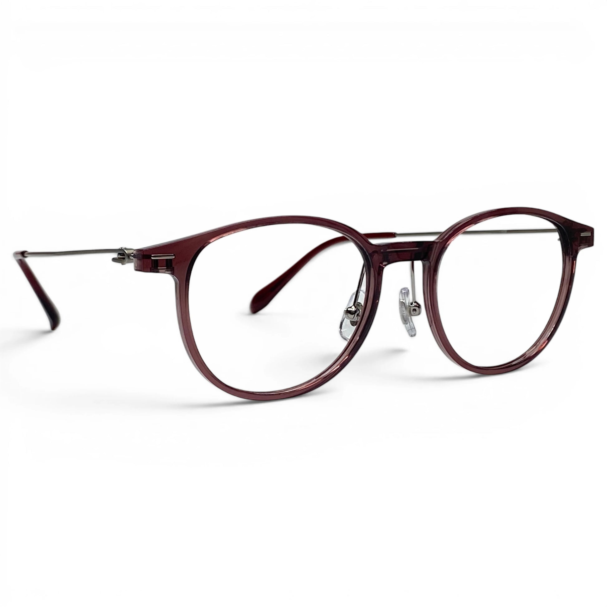Hyung 1602 round prescription eyeglasses, front view of ultem front with titanium temples