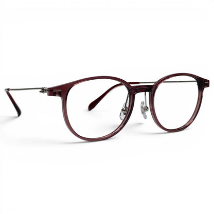 Hyung 1602 round prescription eyeglasses, front view of ultem front with titanium temples