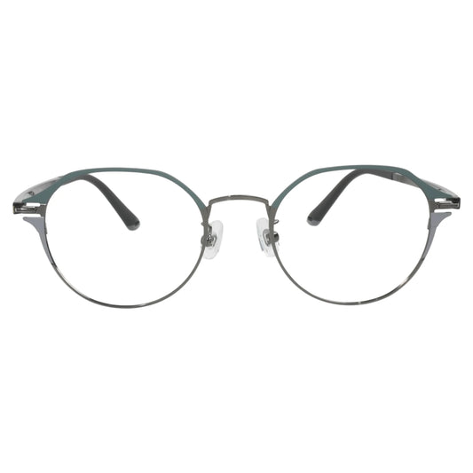 Jeju 2033 panto stainless steel prescription eyeglasses in matte green and silver, front view