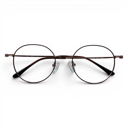 Josun 3000 round titanium prescription eyeglasses in brown and gold, folded front view