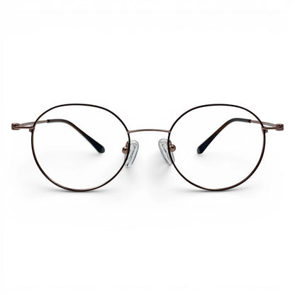 Josun 3000 round titanium prescription eyeglasses in brown and gold, front view