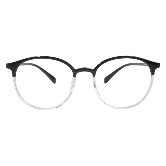 Kimbab 694 round TR90 plastic prescription eyeglasses in black and clear, front view