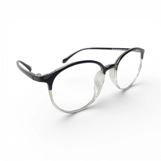 Kimbab 694 round TR90 platic  glasses, side view showing built-in nose pads with clear lower rim