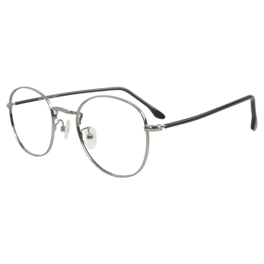 Melo 7025 round metal glasses, side view with S-shaped nose pad arms and adjustable nosepads