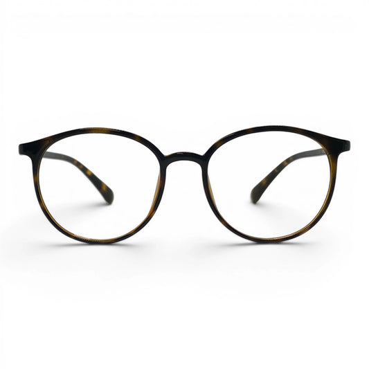 Momo 694 round TR90 plastic prescription eyeglasses in brown tortoiseshell, front view