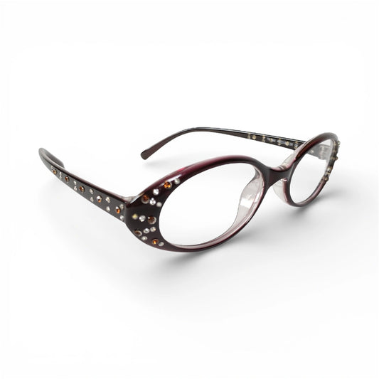 Mr.Queen 560 oval TR90 plastic glasses, side view with cubic embellishments and clear nose pads