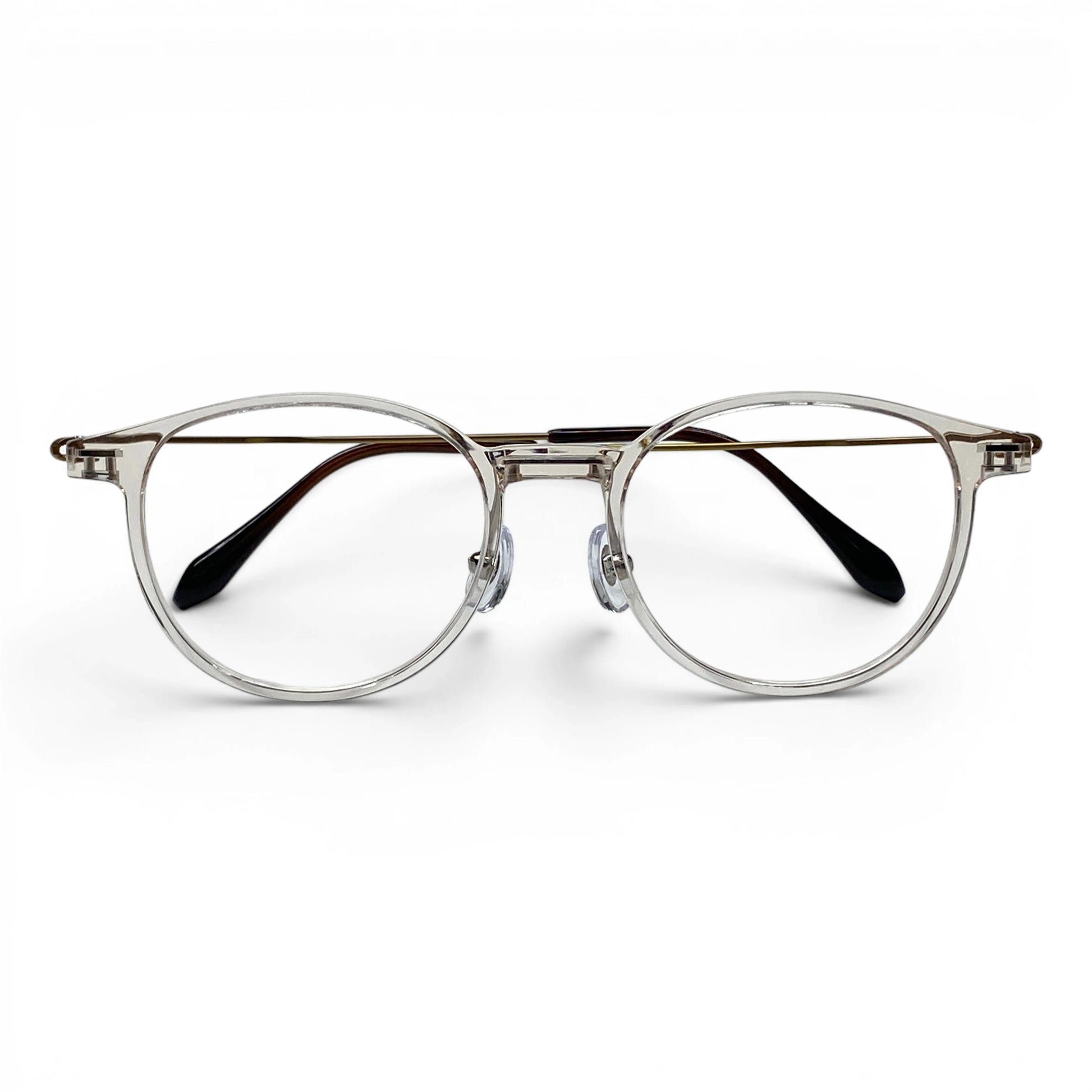 Obba 1602 round titanium ultem prescription eyeglasses in clear, folded front view