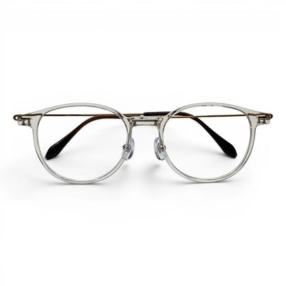 Obba 1602 round titanium ultem prescription eyeglasses in clear, folded front view
