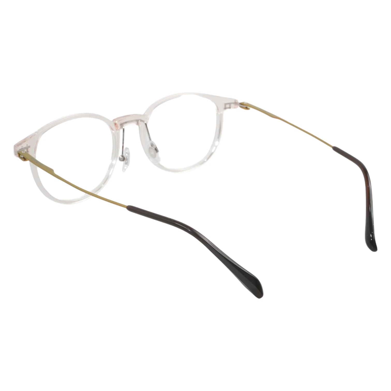 Obba 1602 round ultem front and titanium temple prescription eyeglasses, back view showing adjustable pad arm nosepads and temple tips 